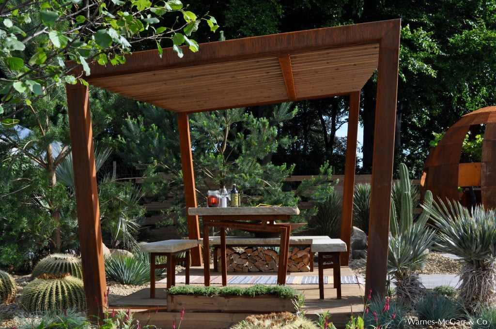 Decking area with bespoke outdoor sofa and coffee table
