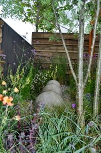 Contemporary garden layout with seating area