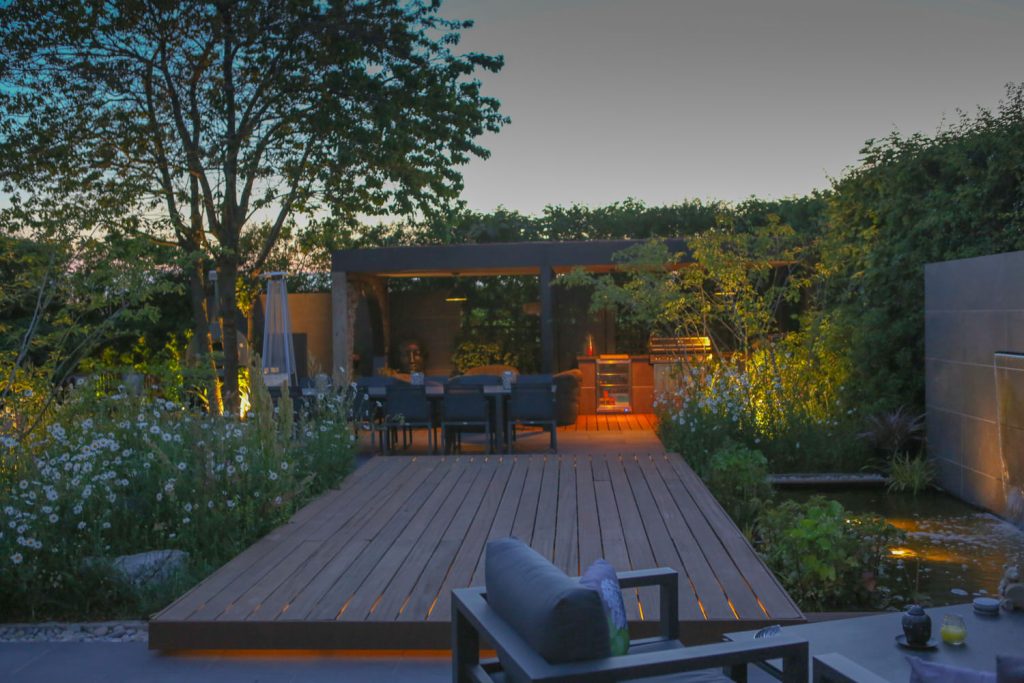 Elegant garden with a mix of evergreen and deciduous plants
