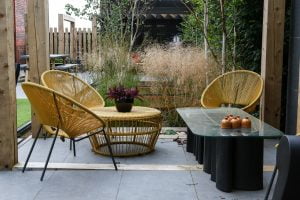 Contemporary garden layout with seating area