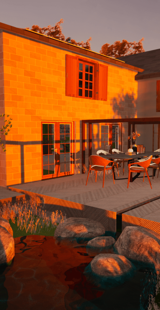 3d render garden design evening light