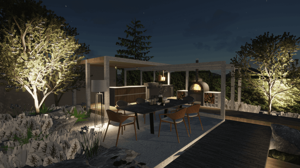 A covered outdoor dining space with a dark table and chairs.