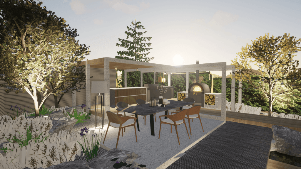 Garden with high chairs and table.